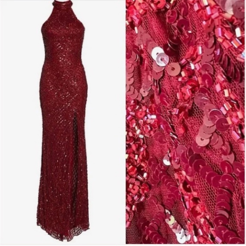 Mac Duggal 4112 Embellished Sequin Halter Backless Column Gown Garnet size 2 - Picture 3 of 6